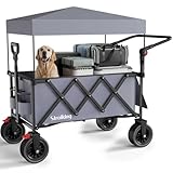 3 in 1 Bollerwagen Faltbar mit Bremsen 150L 136KG Belastbar,Utility Bollerwagen mit abnehmbarem Verdeck, mit großen All-Terrain-Strandrädern und Getränkehaltern, Grau