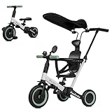 Bronea® 5-in-1 Dreirad ab 1 Jahr mit Schubstange | Wächst mit Ihrem Kind vom Kinderdreirad bis Laufrad | Mit Gurt, Dach & Zubehör wie Getränkehalter, Spiegel, Klingel (Schwarz/Weiss)