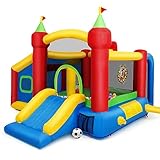 DREAMADE Aufblasbare Hüpfburg mit Rutsche/Fußballtor/Basketballkorb / 100 Bälle/Dart, Spielburg Outdoor, Castle Bouncer, Springburg für Kinder 3-10 Jahren, 380x305x215cm