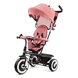 Kinderkraft Aston Dreirad ab 9 Monate bis 25 kg, Kinderdreirad mit schubstange, drehbarer Sitz Vorwärts und Rückwärtsfahrt, ausklappbarem Verdeck mit Sonnenschutz, Getränkehalter Korb im Set, Rosa