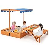 COSTWAY Sandkasten mit Klappbarer Sitzbank & Picknicktisch, 120x120 cm Sandbox mit Verstellbares Sonnendach & 2 Waschbecken, Deckel & Plane, 3 in 1 Sandkiste Holz für Kinder ab 3 Jahren