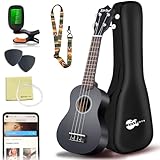 Everjoys Sopran Ukulele Set für Kinder und Erwachsene 21 Zoll Ukulele Starter Kit mit Tasche, Tuner, Songbook, Saiten, Pick, Kleine Hawaii Gitarre Schwarz