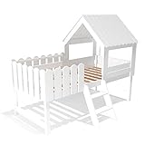 Spielbett Baumhausbett BAUMHAUS Abenteuerbett Höhlenbett Kinderbett Haus, Bett mit Spielhöhle, Hochbett, Minihochbett, Hüttenbett, Hausbett Holz weiß, Kinderzimmer Bett, Massivholz Vollholz, 90x200cm 9619