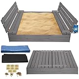 KOTARBAU® Sandkasten mit Abdeckung 140 x 140 cm Grau Großer Holzsandkasten Sandkasten mit Sitzbank und Deckel Gartenspielzeug Kinder imprägniert verschließbar mit Bänken
