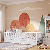 Bellabino Vere Kinderbett 90x200 cm – Montessori Bett mit Rausfallschutz, Lattenrost & 2 Schubladen– Massives Kinder Bett für Jungen & Mädchen aus Holz Kiefer – Kleinkindbett in Weiß mit Stauraum