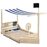 Outsunny Sandkasten Sandkiste groß mit Abdeckung im Schiff Design Matschekiste aus Holz Segelschiff Spielhaus mit Küchenspielset Aufbewahrung für Kinder 3-7 Jahre Natur 180 x 103 x 144,5 cm