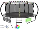 Flamaker Trampolin Outdoor mit LED, Gartentrampolin Ø 366/427cm mit Netz, Bodenanker, Stabile Rahmenkonstruktion, Wetterfest und rostfrei, Outdoor Trampolin für Kinder & Erwachsene Belastbarkeit 160kg