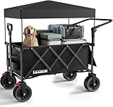 3 in 1 Bollerwagen Faltbar mit Bremsen 150L 136KG Belastbar,Utility Bollerwagen mit abnehmbarem Verdeck, mit großen All-Terrain-Strandrädern und Getränkehaltern, Schwarz