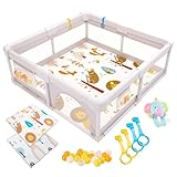 Akeraq Laufgitter Baby 127x127cm, Laufstall Baby mit matratze, Atmungsaktives Netz, Rassel, Spielbälle und Zugringe, Tragbar
