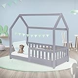 ML-Design Kinderbett 70x140 cm mit Rausfallschutz, Dach und Lattenrost, Hellgrau, Kinder Bett, Hausbett für Mädchen/Jungen, Bettenhaus aus massivem Kiefernholz, Bodenbett Jugendbett Kinderhaus