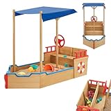 Juskys Sandkasten Käpt'n Pit - Piratenschiff Boot aus Holz - große Kinder Sandkiste für Garten mit Bodenplane, Dach & Sitzbank - Outdoor Sandbox