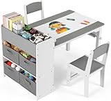 MAMIZO Kindertisch mit 2 PCS Stühlen, Maltisch & Basteltisch Kinder, Tisch & Stühle Kinderzimmer Set, Spieltisch mit Stauraum für Kinder ab 3 Jahren (Grau Weiß)