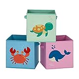 SONGMICS Aufbewahrungsboxen, 3er Set, Faltboxen, Stoffboxen mit Griffen, Spielzeug-Organizer, faltbar, für Kinderzimmer, Spielzimmer, Meer-Motive, blau, grün und rosa RFB701Y03