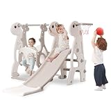 YULEYU Kleinkindrutsche Set, Indoor Baby Rutsche Kletter Freistehendes Spielset mit Basketball-Reifen & Höhenverstellbare Schaukel (Grau)
