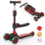 BremToy Kinderroller mit Sitz, Kinder Roller mit Stufenlos Verstellbarer Lenker, Tretroller mit LED Rädern, Faltbarer Kinder Roller für Kinder 1–8 Jahren, Rot