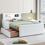 Dolamaní Modern Jugendbett 90x200 cm Polsterbett, Bett mit Lattenrost & Stauraum, Polster Kopfteil mit LED Nachtlicht & USB-Ladeanschluss, Kunstleder, Kinderbett für Jungen & Mädchen (Weiß)