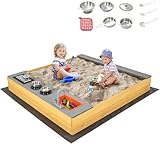 FANTASK Sandkasten aus Massivholz, Sandkiste mit 9 Küchenzubehör & Wasserhahn & Waschbecken, Sandbox inkl. Bodenplane
