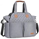 Lekebaby Baby Wickeltasche mit Wickelunterlage, 19 Taschen, Diaper Bag Bote Groß Reisewindeltasche für Mama und Papa, Multifunktions Babytasche für Reise, Grau Gesteppt