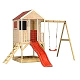 Wendi Toys M9R Stelzenhaus Kinder Outdoor mit Rutsche und Schaukel - Spielhaus Holz FSC, Sandkasten, Tafel - Kinderspielhaus Outdoor für Garten, 90cm Podest, ab 3 Jahre, Rot