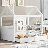 Kinderbett 80x160 cm Holzbett mit 2 Schubladen und Fenster, Massivholz Kinder Bett mit Rausfallschutz und Lattenrost, Hausbett für Jungen & Mädchen, Kinder Haus Bett Jugendbett, ohne Matratze, Weiß
