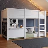 RIAZOS Kinderbett 90x200 cm, Hochbett mit Leiter, Etagenbett mit Wandtafel & Kleiner Ablage, Spielbett, Hausbett, Stockbett, Holzbett, Bettgestell, Jugendbett, Weiß
