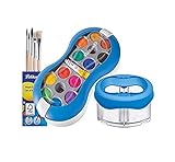 Pelikan , Aquarell, Deckfarbkasten 735 SP/12 mit 12 Farben und 1 Tube Deckweiß/Starter (blau mit Space-Wasserbecher + Pinsel-Set), 7-teiliges