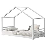 Kinderbett mit Lattenrost und Gitter 90 x 200 cm Hausbett Holz Weiß Bettenhaus Bett Jugendbett