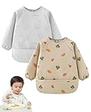 Zonoori Baby Lätzchen mit Ärmel, 2 Pcs PU Wasserdicht Ärmellätzchen, Babylätzchen mit Langen Ärmeln für 6-24 Monate