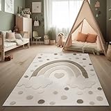 Paco Home Kinderteppich Moderner Spielteppich Kinderzimmer 3D-Effekt Naturtöne weicher Flor robust & pflegeleicht Schlingenstruktur Regenbogen-Motiv Creme Sand, Grösse:120x160 cm