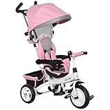 HOMCOM 6-in-1 Dreirad mit Schubstange, Kinderdreirad mit abnehmbarem Sonnendach, Laufrad mit 5-Punkt-Sicherheitsgurt, Korb, Getränkehalter, für 1-5 Jahre Kinder, Rosa