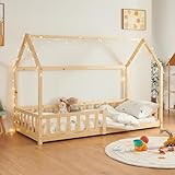 [en.casa] Kinderbett Hesel Hausbett Holzoptik 90 x 200 cm mit Rausfallschutz und Lattenrost Bodenbett Jugendbett Holzbett