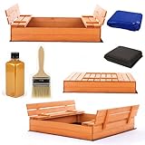 Sandkasten 120x120 Imprägniert Premium Sandbox mit Premium Wasserfeste Abdeckung Oxford Sitzbänken Deckel Sandkiste Holz Kiefer Sandkastenvlies