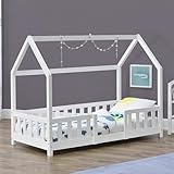 [en.casa] Kinderbett Sisimiut Hausbett Montessori 70 x 140 cm mit Rausfallschutz Holzbett für Kinder Bodenbett Lattenrost Kiefernholz Weiß matt
