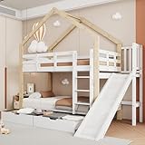 Aoskem Kinderbett Etagenbett 90x200 cm für 2 Kinder, Hochbett Hausbett mit Leiter & Rutsche, mit Stauraum 2 Schubladen, Holzbett Bettgestell mit Rausfallschutz & Lattenrost, Ohne Matratze, Weiß+ Natur