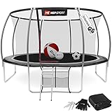 Hop-Sport Trampolin Outdoor - Ø 430 cm - Safety Gartentrampolin Set mit innovativen, gebogenen Netzstangen, Sicherheitsnetz, Leiter und vielen Extras – INTERTEK Zertifizierung, schwarz-grau