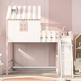 KeepGoon Kinder Hochbett 90x200cm mit Haus-Design, Etagenbett mit Treppen und Absturzsicherungszaun, Mit Stauraum, Hausbett, Mädchenzimmer, Lattenrost, Kinderbett, Kiefer, Rosa-Weiß, ohne Matratze
