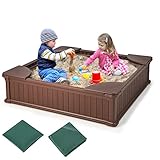 COSTWAY Sandkasten, Kinder Sandbox 123,5x123,5x31,5cm mit 4 integrierten Sitzen, Sandkiste HDPE quadratisch für Garten, Rasen (Braun)