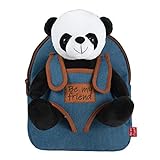 PERLETTI Kuscheltier Panda Rucksack für Kinder mit Plüschtier - Pluschspielzeug Weich Flauschig und Kindergarten Jeans Schultasche mit Plüsch Tier - Baby 3 4 5 Jahren Kindertasche 27x21x9 cm (Panda)