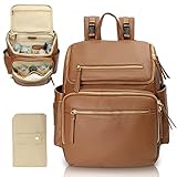 MISS FONG Baby Wickelrucksack Wickeltasche, Leder Rucksack mit Multifunktions-Babytaschen, 19 Wickeltasche Organizer, Wickelunterlage, Wickeltasch Kinderwagen Haken-Braun