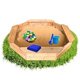Coemo 8-eckiger Sandkasten Larry M Holz Braun inkl Blaue Abdeckplane, Schwarze Bodenplane 125x125x20 cm Sandkiste 4 Sitzbretter & Buddelkasten für Garten und Terrasse