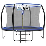 SONGMICS Trampolin 366 cm d, Gartentrampolin für Kinder mit Sicherheitsnetz, 180 cm hohe gebogene Stangen, Randabdeckung, Leiter, Stahlrahmen, schwarz-blau STR12BK
