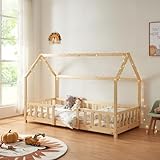 [en.casa] Kinderbett Sisimiut Hausbett 90 x 200 cm mit Rausfallschutz Holzbett für Kinder Bodenbett Lattenrost Kiefernholz Holzfarben