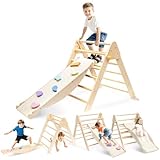 5 in 1 Klettergerüst Indoor Kinder Montessori Kletterdreieck mit Rutsche, Holz Klettergerüst Set mit Klappdreieck Leiter