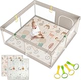 Julrrimg Laufstall Baby mit Matratze, 150x150 Laufgitter Baby mit Matte, Laufstall für Apartment, Laufgitter mit Atmungsaktivem Netz an Vier Seiten und Saugnäpfen