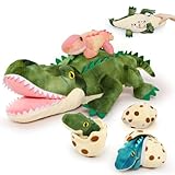 MorisMos 60cm lang Krokodil Kuscheltier XXL,Plüschkroko mit 3 kleinen Plüsch-Baby-Krokodilen im 3 Eier, Croco Plüsch-Alligator Plüschtiere Stofftiere Spieleset für Kinder Jungen Weihnachten Geschenk