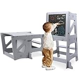 YOLEO 2in1 Lernturm Kinder Tritthocker Lernstuhl Kinderhocker lernturm klappbar für Baby,mit doppelseitiger magnetischer Tafel,Umweltschutz,Küchen-/Badezimmerhelfer (Grau) (Grau)