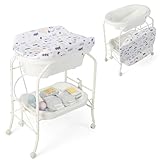 LIFEZEAL Wickeltisch mit Badewanne, 2 in 1 Flatbare Bade-Wickelkombination auf Räder, Badewannenaufsatz Wickelkommode mit offener Ablage, Babybadewanne mit Ständer Max. Belastbarkeit 35kg (Weiß)