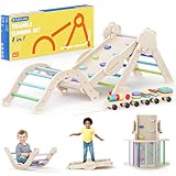 COSYLAND Klettergerüst Indoor M - Montessori Indoor Spielset mit Kletterbogen & Rutsche -8-in-1 Massivholz-Spielplatz - Kletterbogen ab 1 Jahr - Kühle Farbtöne