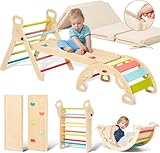 Giant bean 5-in-1 Montessori Kletterdreieck mit Kletterbogen und Rutsche, Holzdreieck für Kleinkinder ab 1-3, Indoor Kletterspielzeug, Regenbogen mit Kissen, S