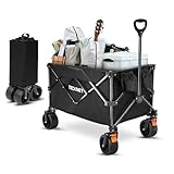 TECKNET Bollerwagen Faltbar mit Bremsen 180L 150KG Belastbar, Klappbarer Handwagen Strand Camping Transportwagen, Gartenwagen Strandwagen Fuer Strand Outdoor Garten Camping Festival, Schwarz